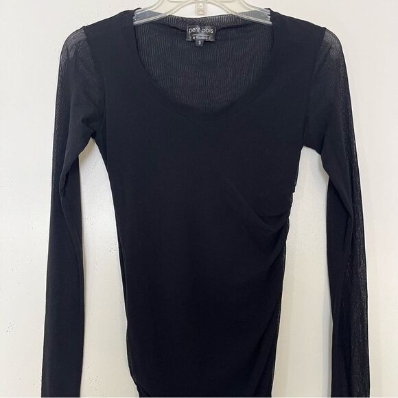Petit Pois Viviana G Double Layer Mesh Crew Top Ruched Black Long Sleeve Small - Picture 3 of 9